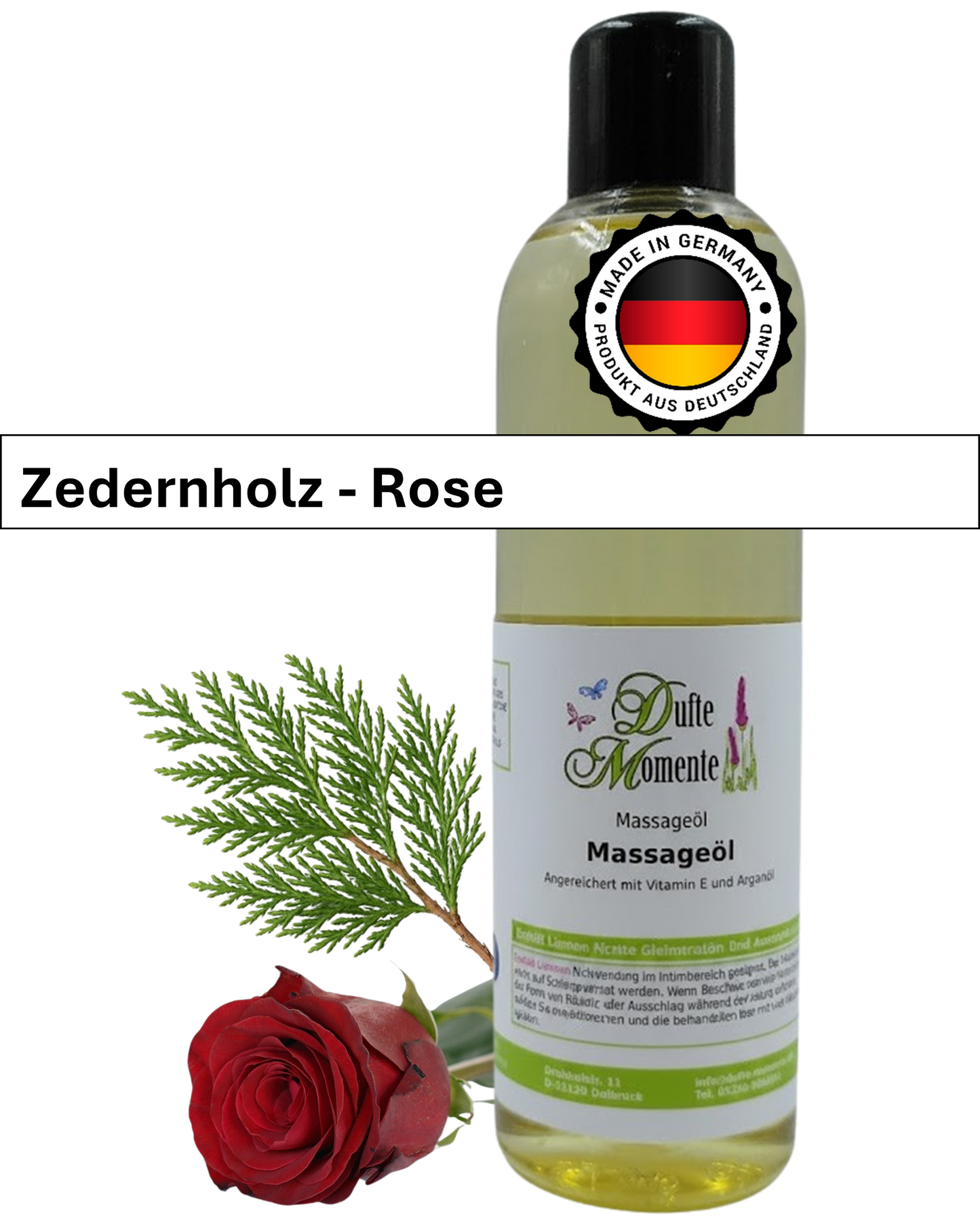 Massageöl 250ml Flasche mit Duftbanner Zedernholz-Rose
