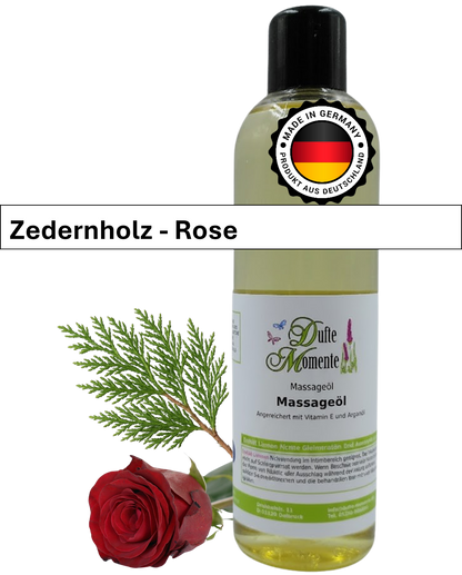 Massageöl 250ml Flasche mit Duftbanner Zedernholz-Rose