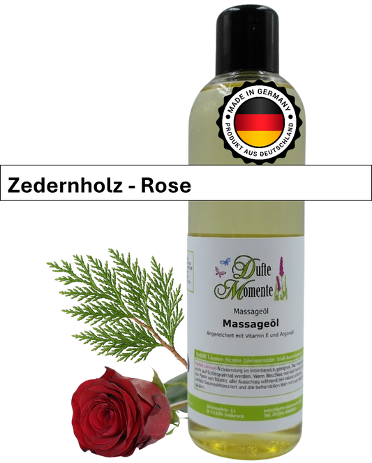 Massageöl 250ml Flasche mit Duftbanner Zedernholz-Rose