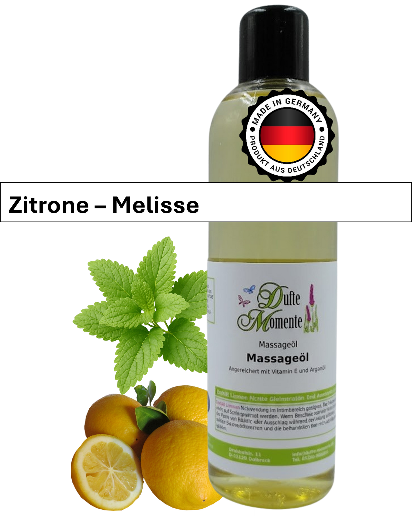 Massageöl 250ml Flasche mit Duftbanner Zitrone-Melisse