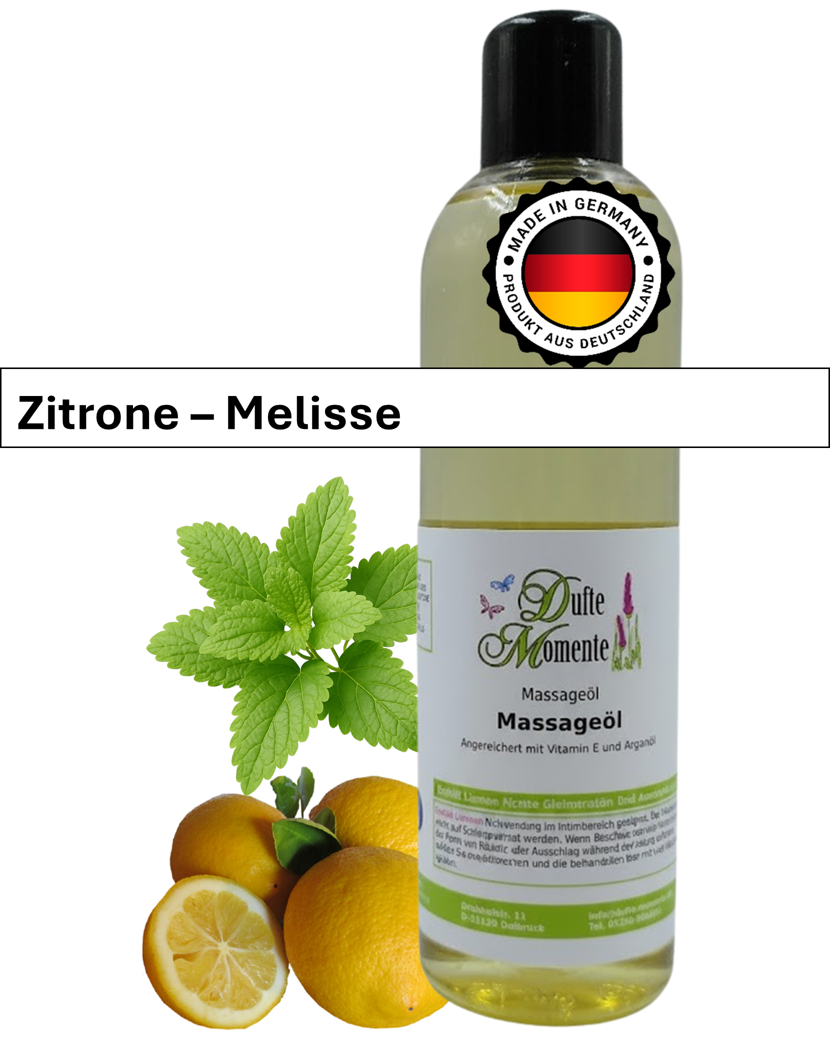 Massageöl 250ml Flasche mit Duftbanner Zitrone-Melisse