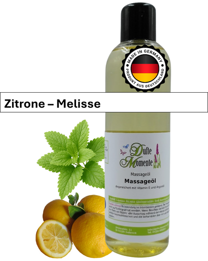 Massageöl 250ml Flasche mit Duftbanner Zitrone-Melisse