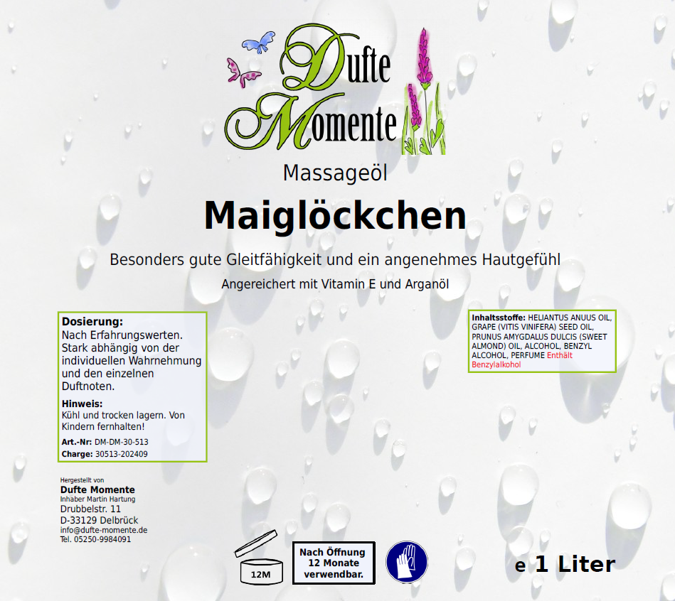 Massageöl-Etikett 1 Liter Maiglöckchen