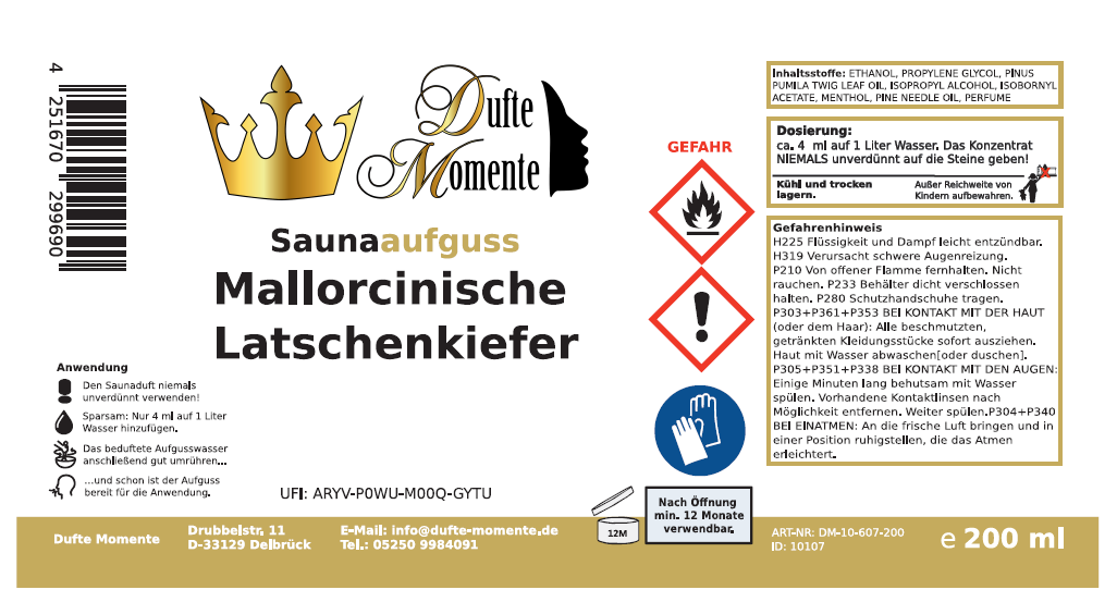 Saunaduft Konzentrat Etikett 200 ml Mallorcinische Latschenkiefer