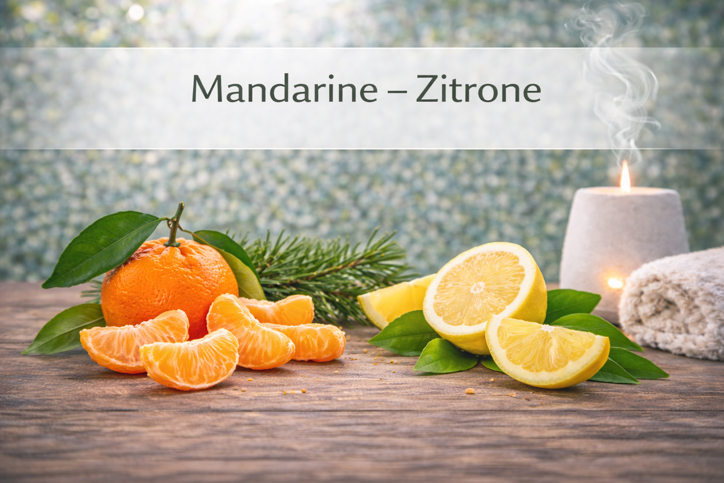 Ätherische Ölmischung Mandarine Zitrone mit Zitrusfrüchten in Wellness Atmosphäre