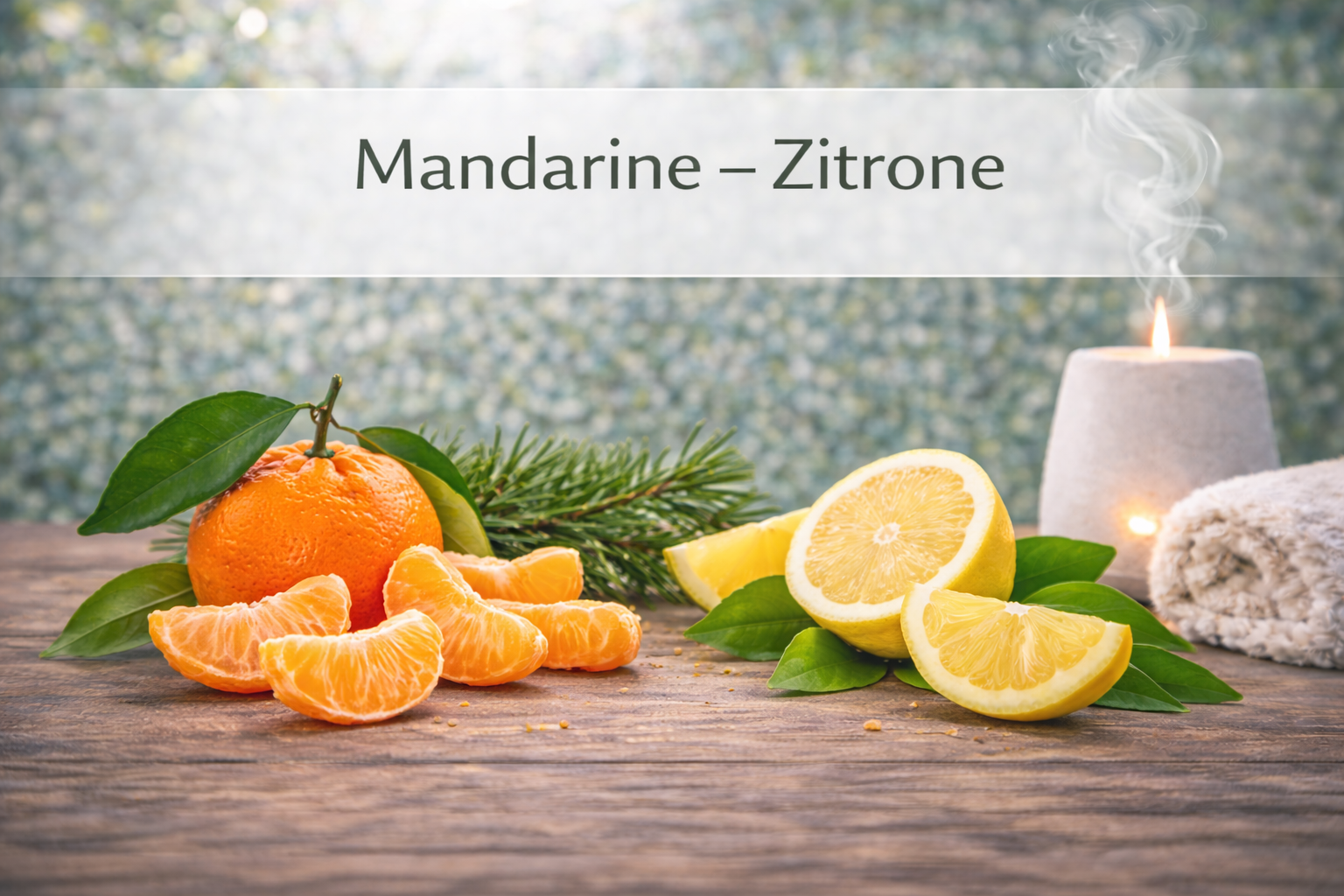 Ätherische Ölmischung Mandarine Zitrone mit Zitrusfrüchten in Wellness Atmosphäre