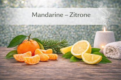 Ätherische Ölmischung Mandarine Zitrone mit Zitrusfrüchten in Wellness Atmosphäre