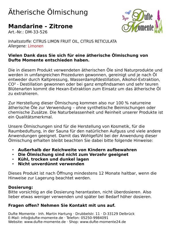 Packungsbeilage ätherische Ölmischung Mandarine-Zitrone Dufte Momente mit Inhaltsstoffen Anwendung und Sicherheitshinweisen