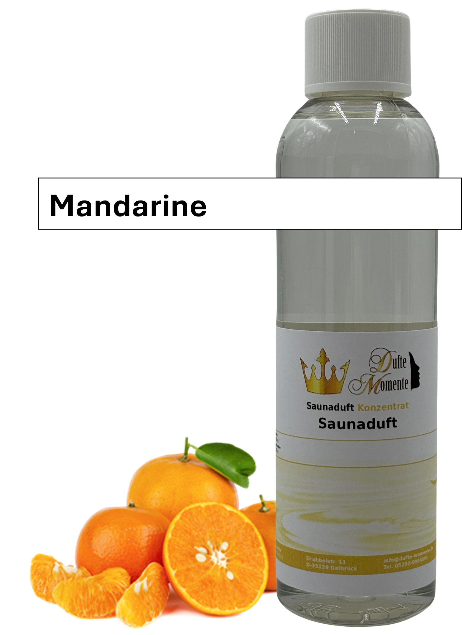 Saunaaufguss mandarine in 250ml Flasche mit Duftbanner