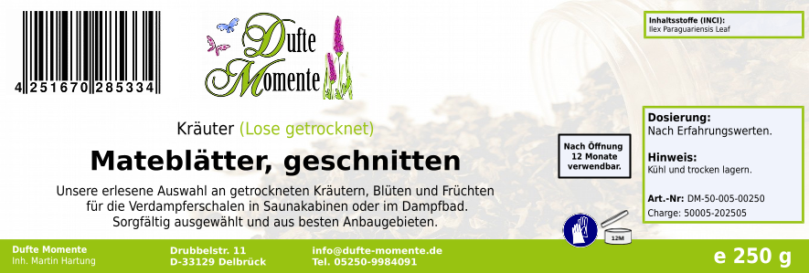 Getrocknete Kräuter Etikett 250g Mateblätter geschnitten