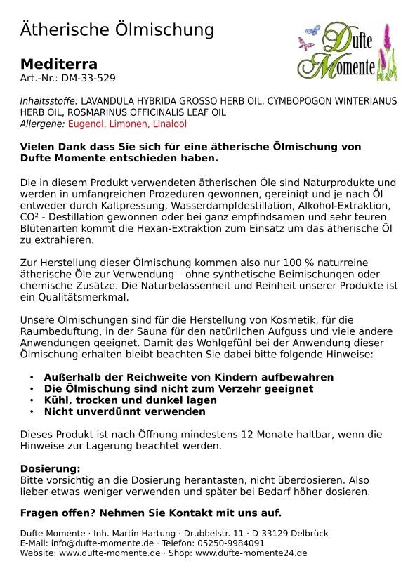 Packungsbeilage ätherische Ölmischung Mediterra Dufte Momente mit Inhaltsstoffen Anwendung und Sicherheitshinweisen