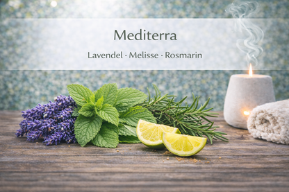 Ätherische Ölmischung Mediterra mit Lavendel und Kräutern in Wellness Atmosphäre