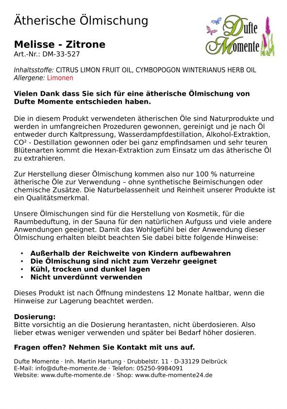 Packungsbeilage ätherische Ölmischung Melisse-Zitrone Dufte Momente mit Inhaltsstoffen Anwendung und Sicherheitshinweisen