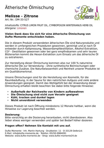 Packungsbeilage ätherische Ölmischung Melisse-Zitrone Dufte Momente mit Inhaltsstoffen Anwendung und Sicherheitshinweisen