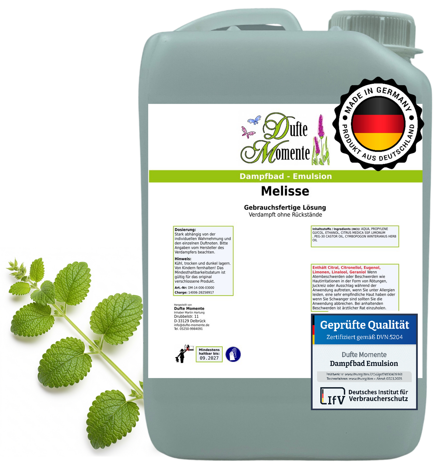 Dampfbad-Emulsion Melisse | Gebrauchsfertig & DVN-Zertifiziert für Dein Home-Spa | 3L, 5L, 10L