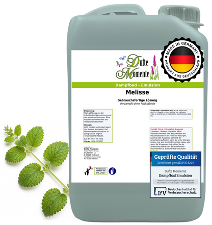 Dampfbad-Emulsion Melisse | Gebrauchsfertig & DVN-Zertifiziert für Dein Home-Spa | 3L, 5L, 10L