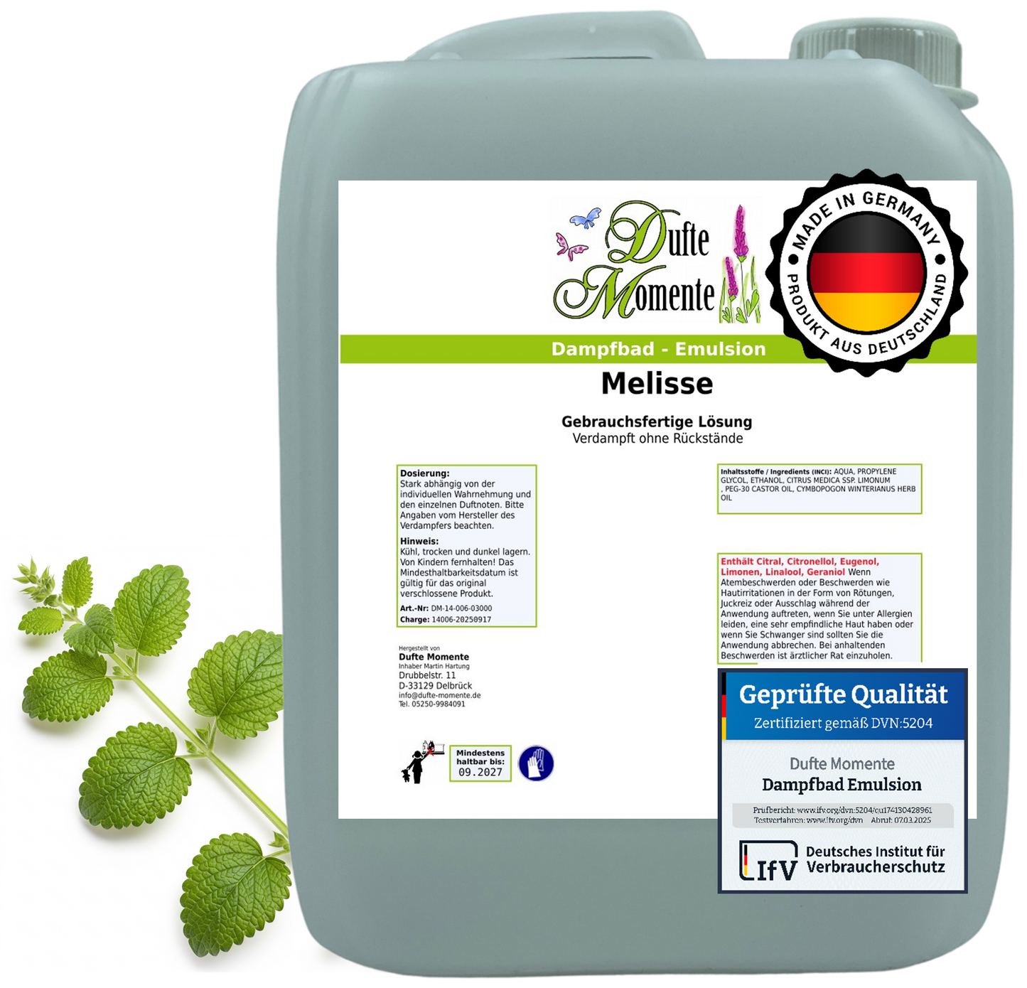 Dampfbad-Emulsion Melisse | Gebrauchsfertig & DVN-Zertifiziert für Dein Home-Spa | 3L, 5L, 10L