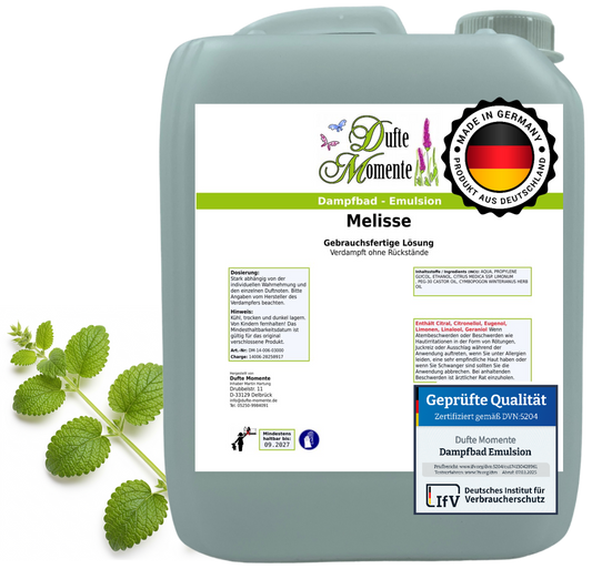 Dampfbad-Emulsion Melisse | Gebrauchsfertig & DVN-Zertifiziert für Dein Home-Spa | 3L, 5L, 10L