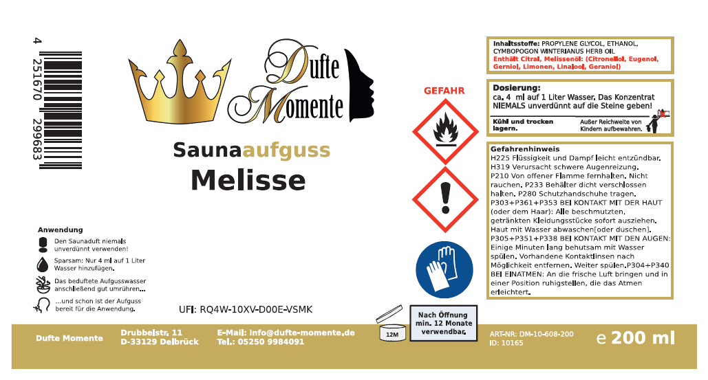 Saunaduft Konzentrat Etikett 200 ml Melisse