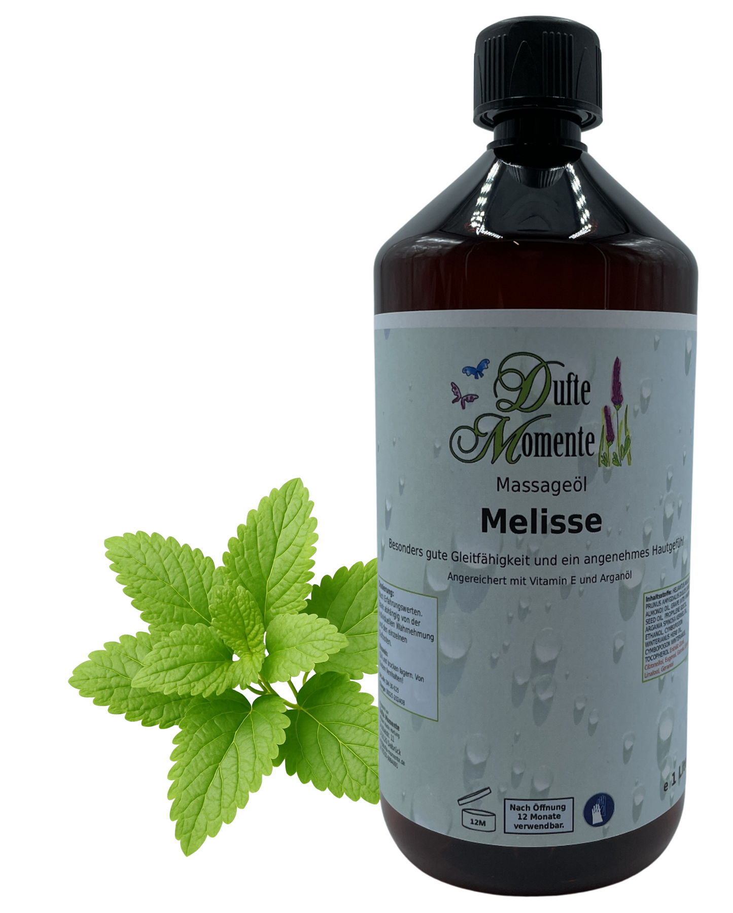 Massageöl 1 Liter Melisse mit visualisierten Bestandteilen