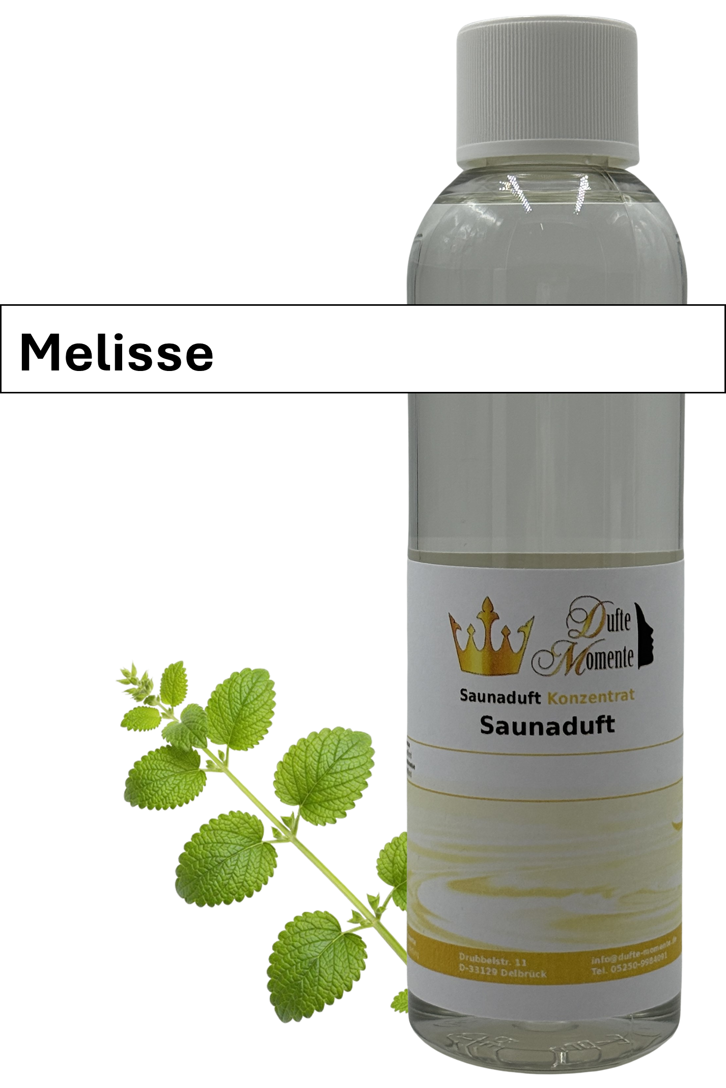 Saunaaufguss melisse in 250ml Flasche mit Duftbanner
