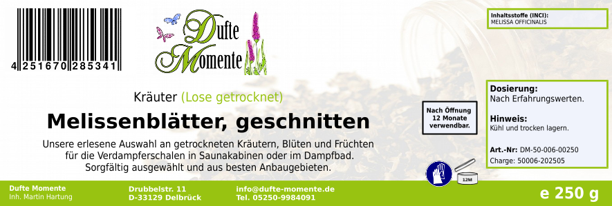 Getrocknete Kräuter Etikett 250g Melissen-Blätter geschnitten