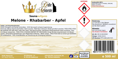 Saunaduft Konzentrat 500 ml Etikett Melone - Rhabarber - Apfel