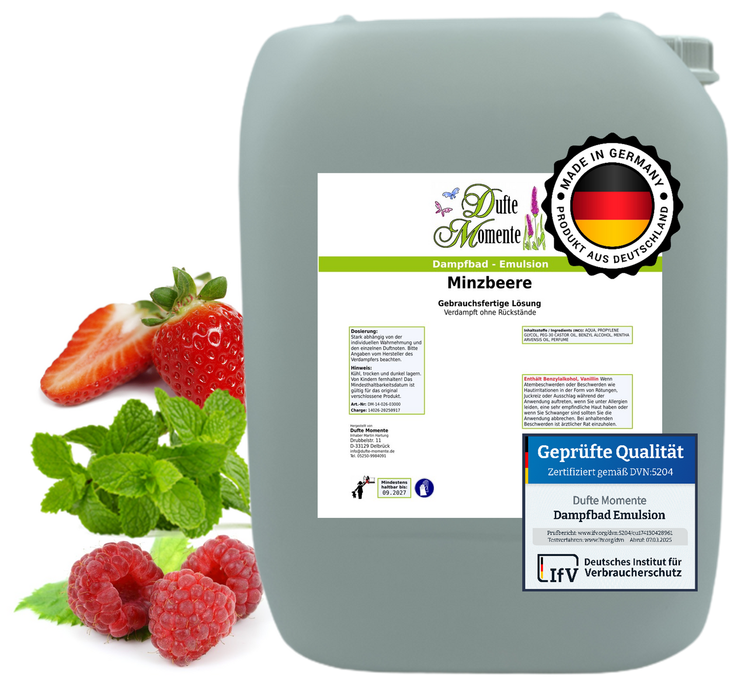 Dampfbad-Emulsion Minzbeere (Erdbeere, Himbeere, Minze) | Gebrauchsfertig & DVN-Zertifiziert für Dein Home-Spa | 3L, 5L, 10L