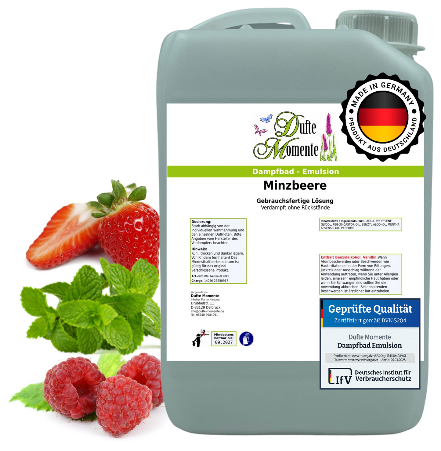 Dampfbad-Emulsion Minzbeere (Erdbeere, Himbeere, Minze) | Gebrauchsfertig & DVN-Zertifiziert für Dein Home-Spa | 3L, 5L, 10L