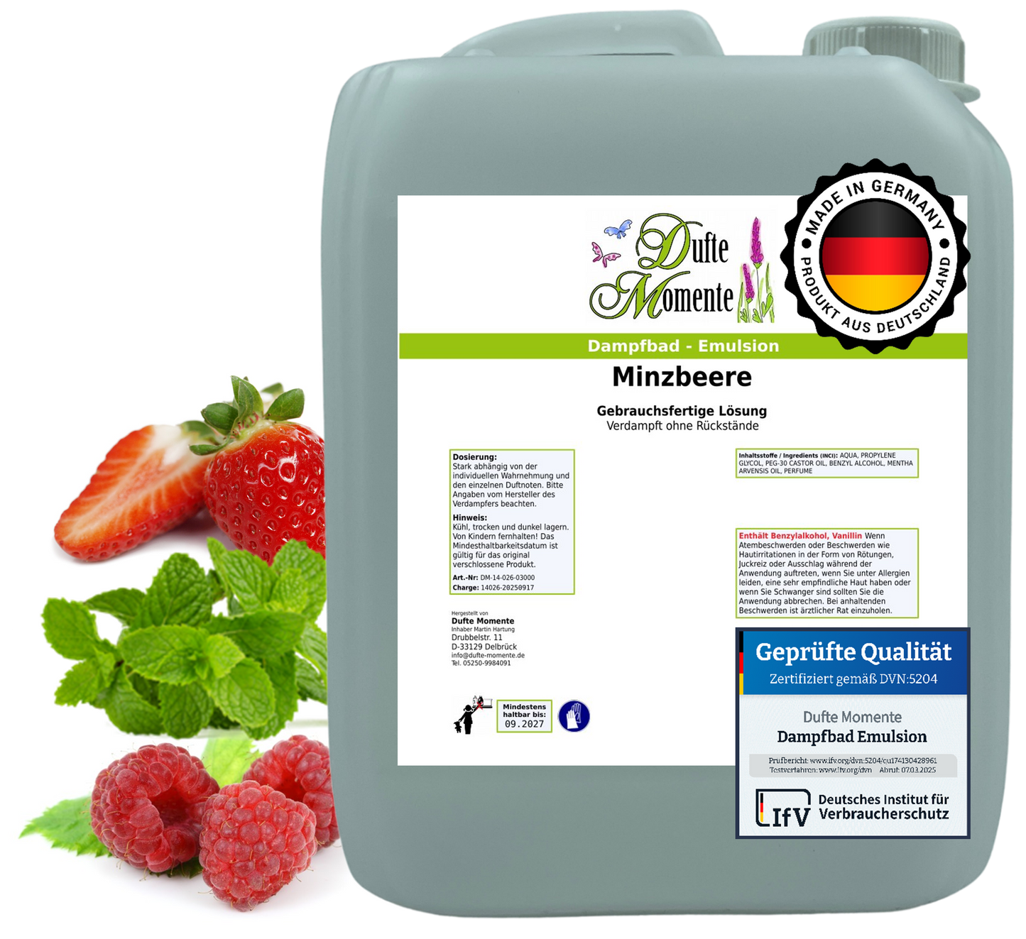 Dampfbad-Emulsion Minzbeere (Erdbeere, Himbeere, Minze) | Gebrauchsfertig & DVN-Zertifiziert für Dein Home-Spa | 3L, 5L, 10L