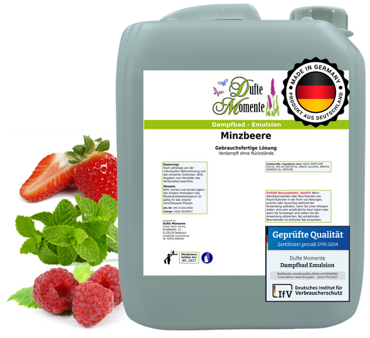 Dampfbad-Emulsion Minzbeere (Erdbeere, Himbeere, Minze) | Gebrauchsfertig & DVN-Zertifiziert für Dein Home-Spa | 3L, 5L, 10L