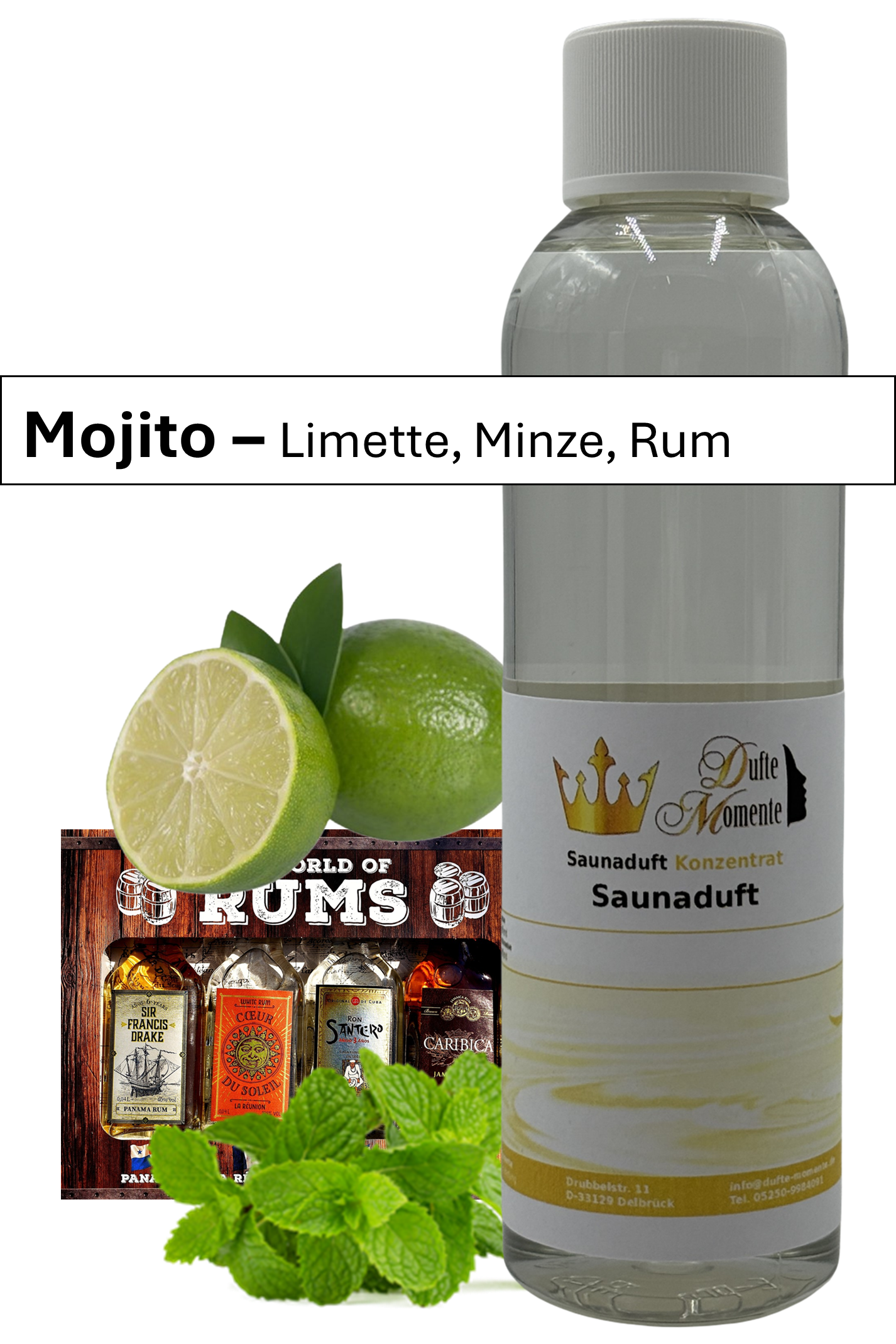 Saunaaufguss mojito in 250ml Flasche mit Duftbanner
