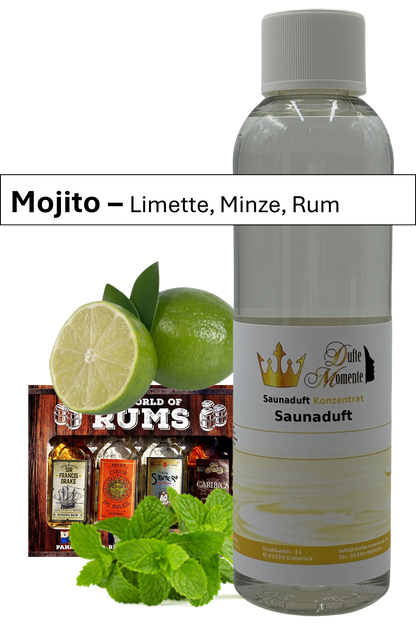 Saunaaufguss mojito in 250ml Flasche mit Duftbanner