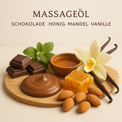 Sanfte Wärme Massageöl-Set | Honig-Mandel, Schokolade, Vanille | Paraffinölbasis | 3× 250 ml –3x 3 Liter