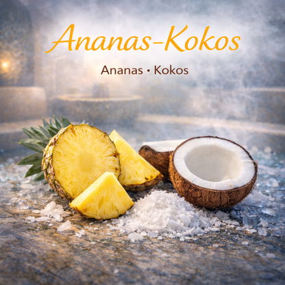 Moodbild Ananas-Kokos mit visualisierten Inhaltsstoffen und Saunaelementen