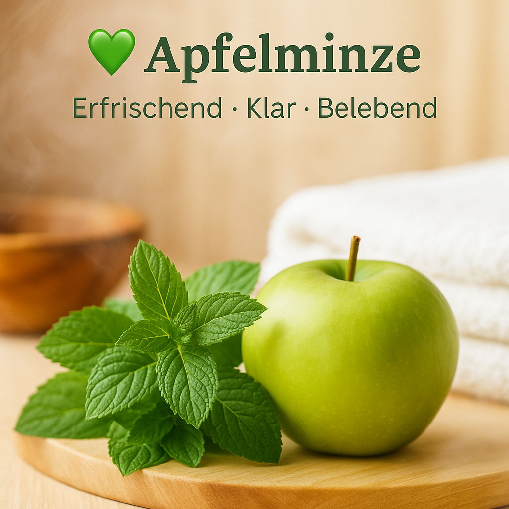 Duft Apfelminze als Moodbild in Saunaholzoptik mit Abbildung von Duftbestandteilen