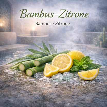 Moodbild Bambus-Zitrone mit visualisierten Inhaltsstoffen und Saunaelementen