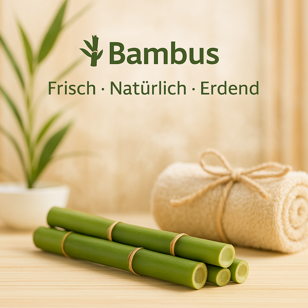 Duft Bambus als Moodbild in Saunaholzoptik mit Abbildung von Duftbestandteilen