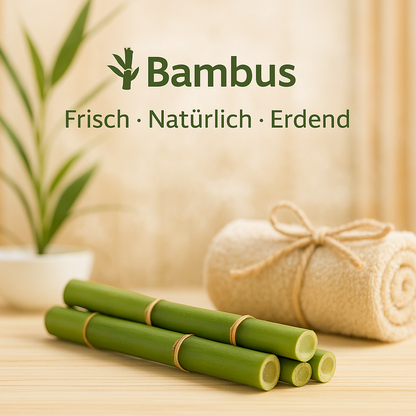 Duft Bambus als Moodbild in Saunaholzoptik mit Abbildung von Duftbestandteilen