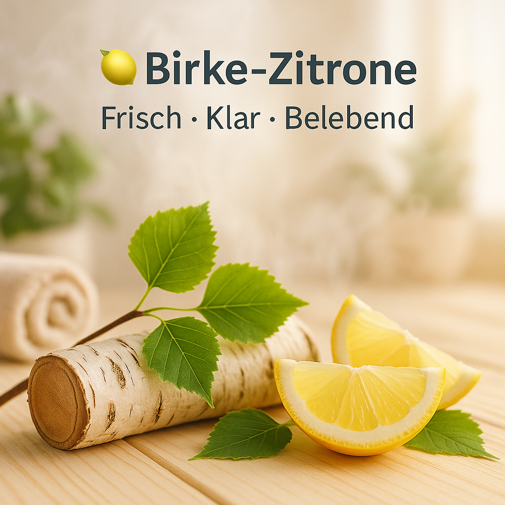 Motivbild Birke-Zitrone mit Birkenast, Zitronenviertel und Birkenblatt