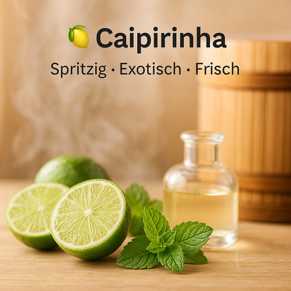 Duft Caipirinha als Moodbild in Saunaholzoptik mit Abbildung von Duftbestandteilen