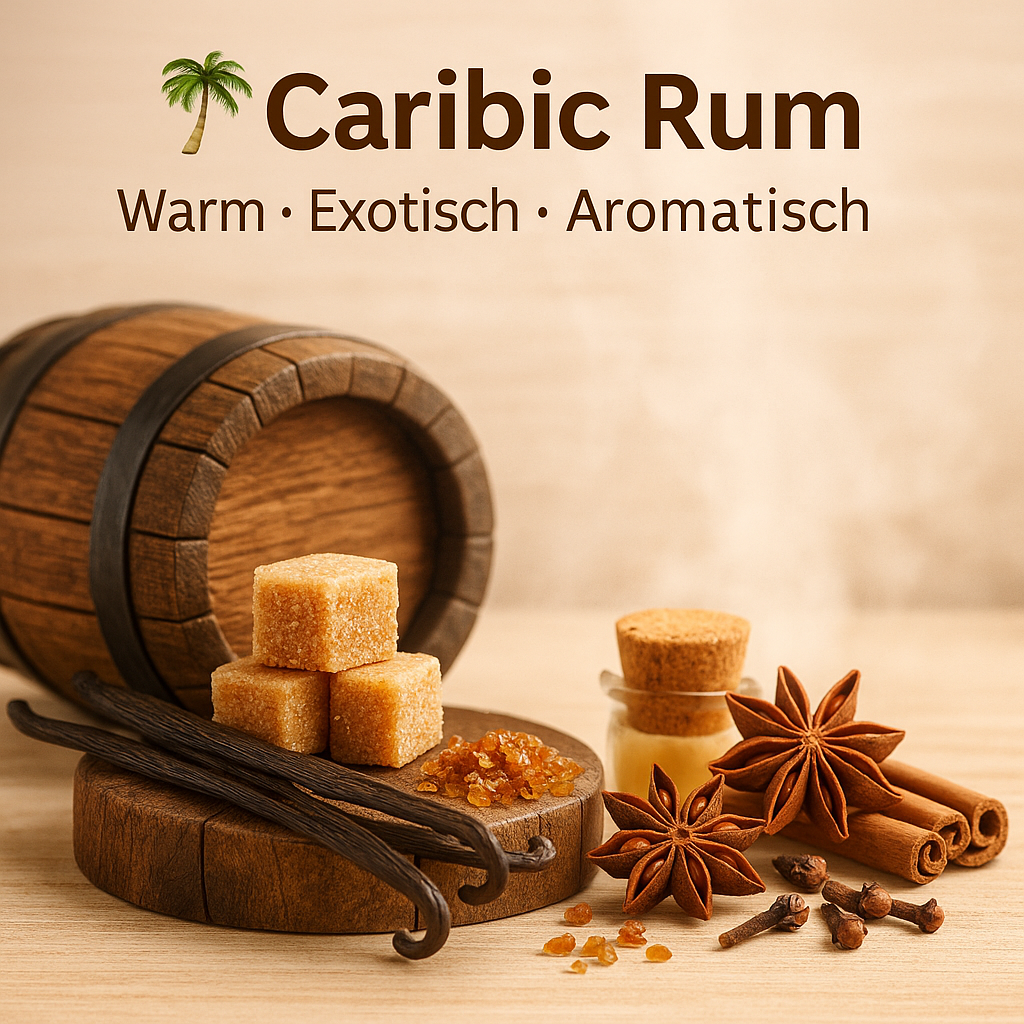 Duft Caribic Rum als Moodbild in Saunaholzoptik mit Abbildung von Duftbestandteilen
