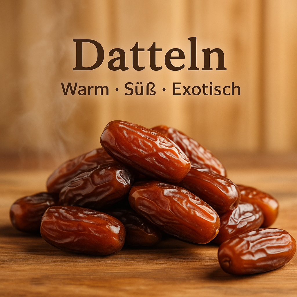 Duft Datteln als Moodbild in Saunaholzoptik mit Abbildung von Duftbestandteilen