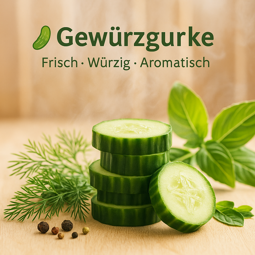 Duft Gewürzgurke als Moodbild in Saunaholzoptik mit Abbildung von Duftbestandteilen