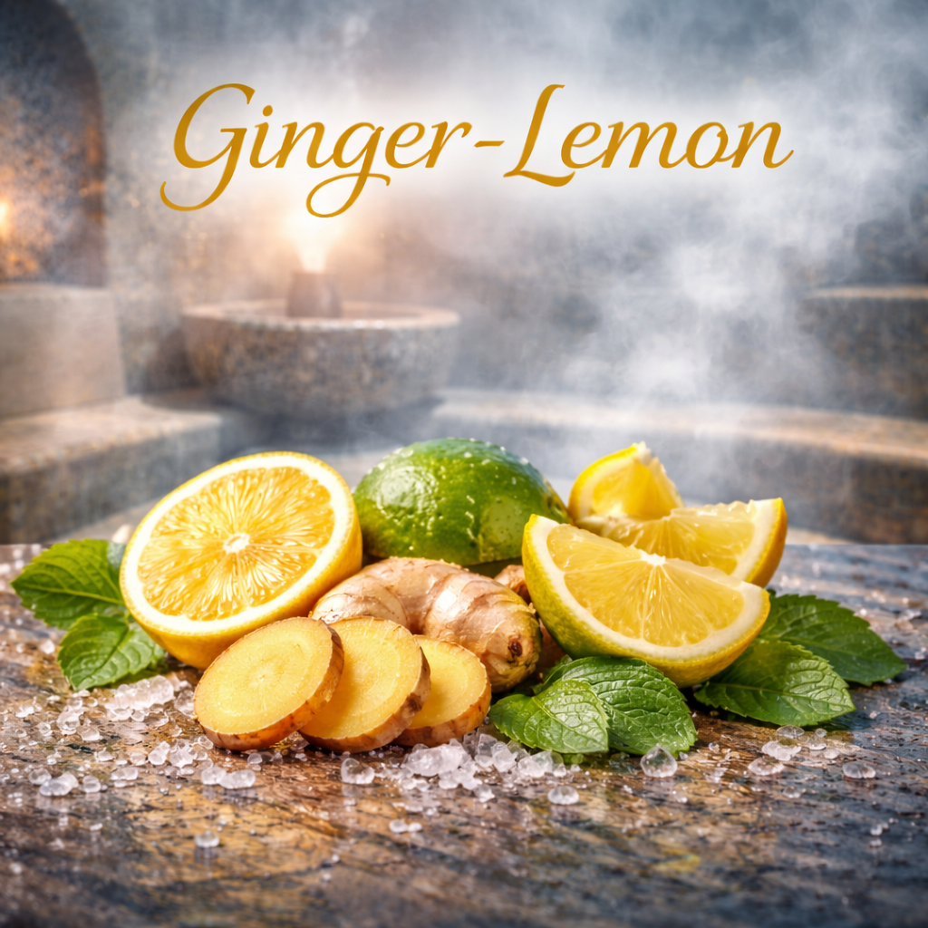 Moodbild Ginger-Lemon mit visualisierten Inhaltsstoffen und Saunaelementen