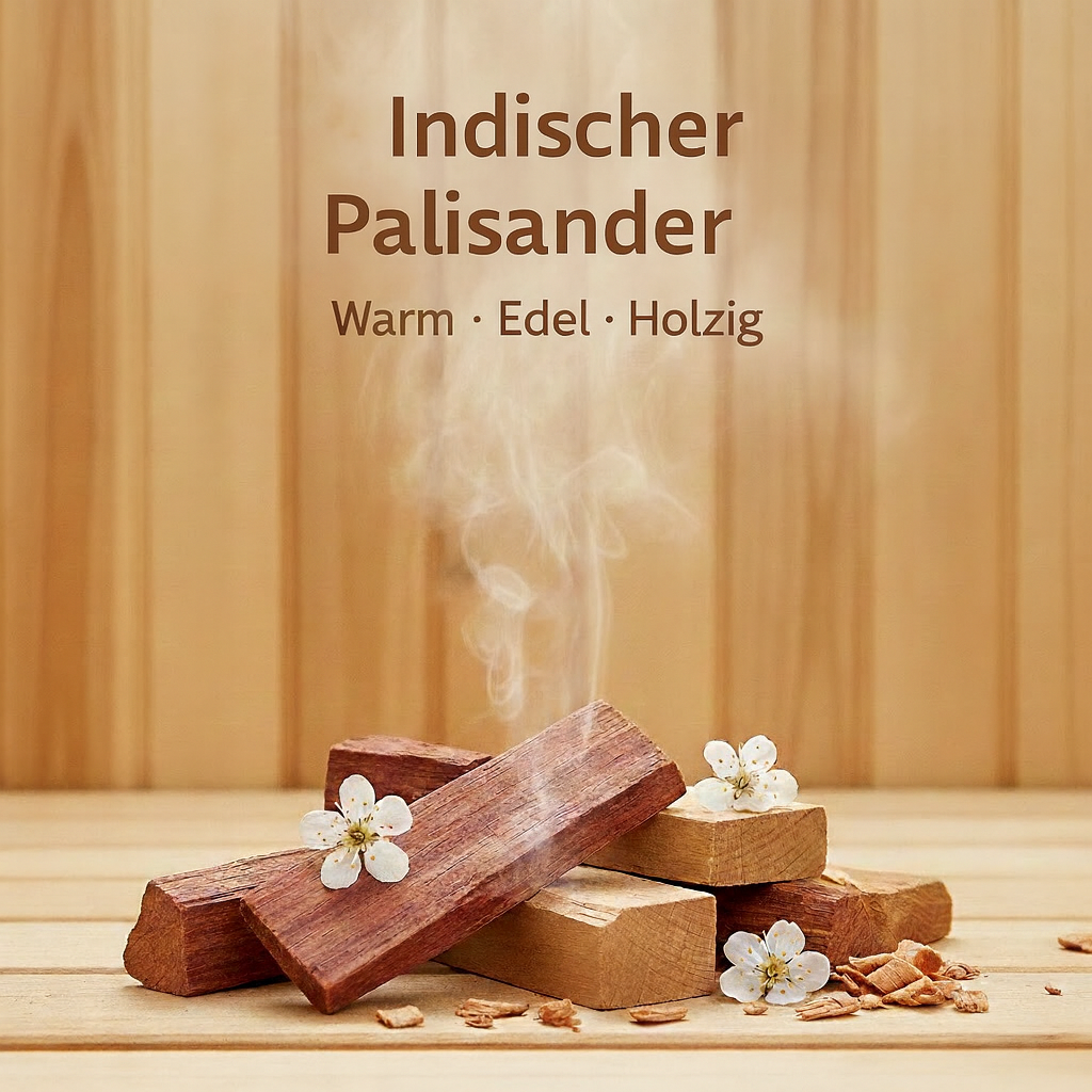 Duft Indischer Palisander als Moodbild in Saunaholzoptik mit Abbildung von Duftbestandteilen
