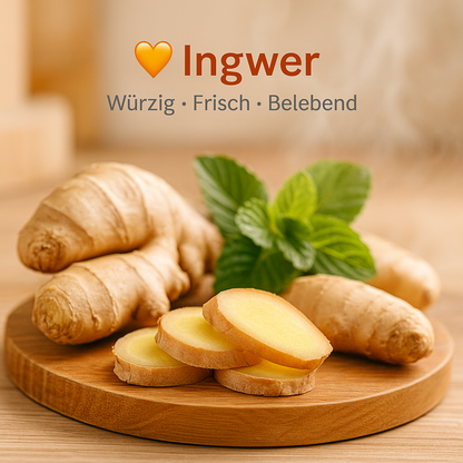 Duft Ingwer als Moodbild in Saunaholzoptik mit Abbildung von Duftbestandteilen