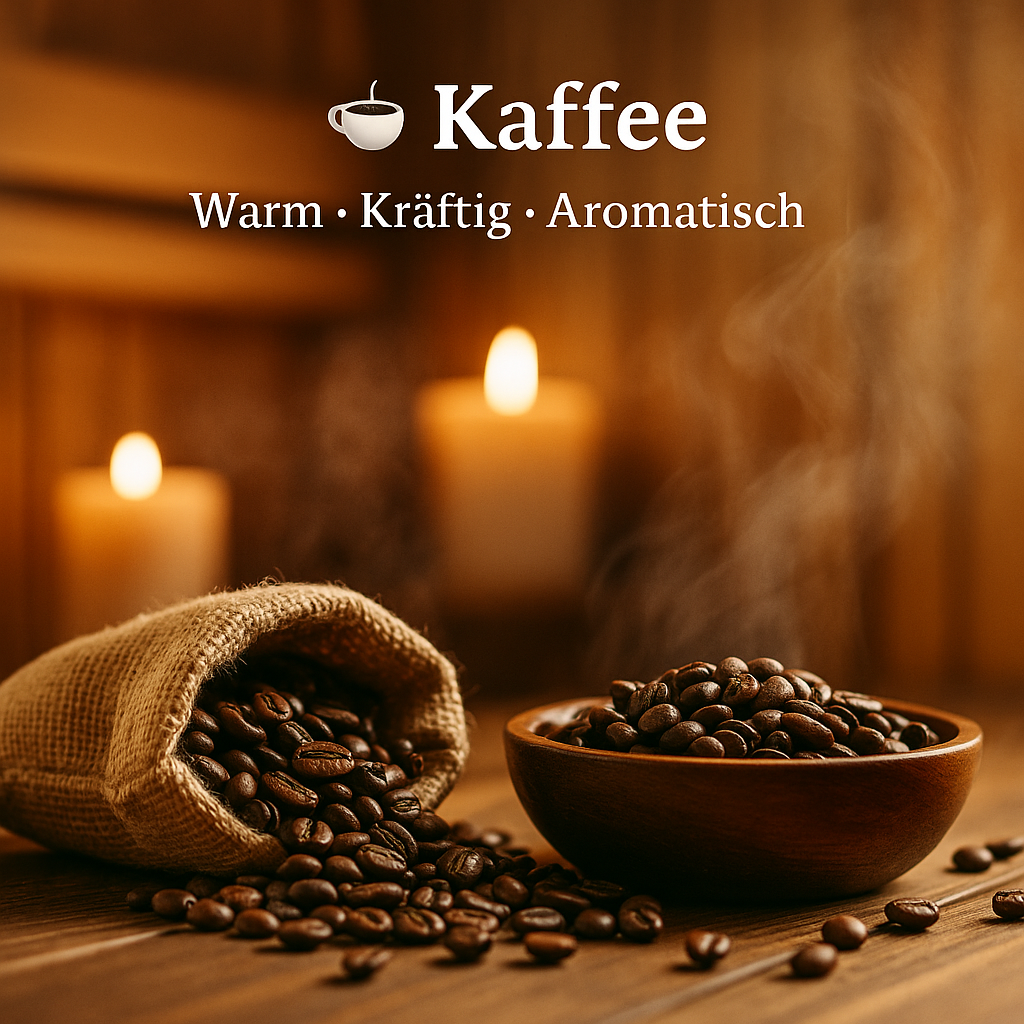 Duft Kaffee als Moodbild in Saunaholzoptik mit Abbildung von Duftbestandteilen