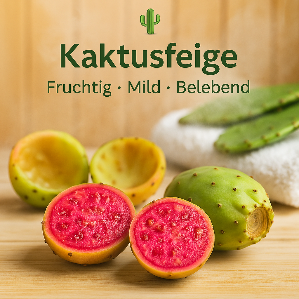 Duft Kaktusfeige als Moodbild in Saunaholzoptik mit Abbildung von Duftbestandteilen