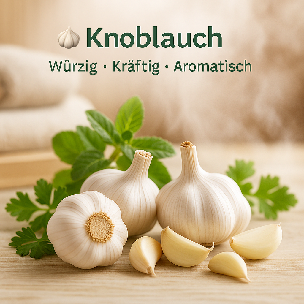 Duft Knoblauch als Moodbild in Saunaholzoptik mit Abbildung von Duftbestandteilen